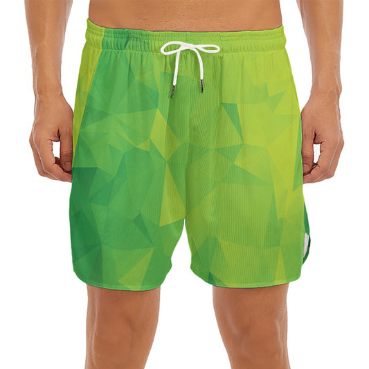 Lime Green Polygonal Geometric Print Men's Split Running Shorts