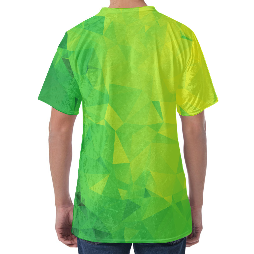 Lime Green Polygonal Geometric Print Men's Velvet T-Shirt