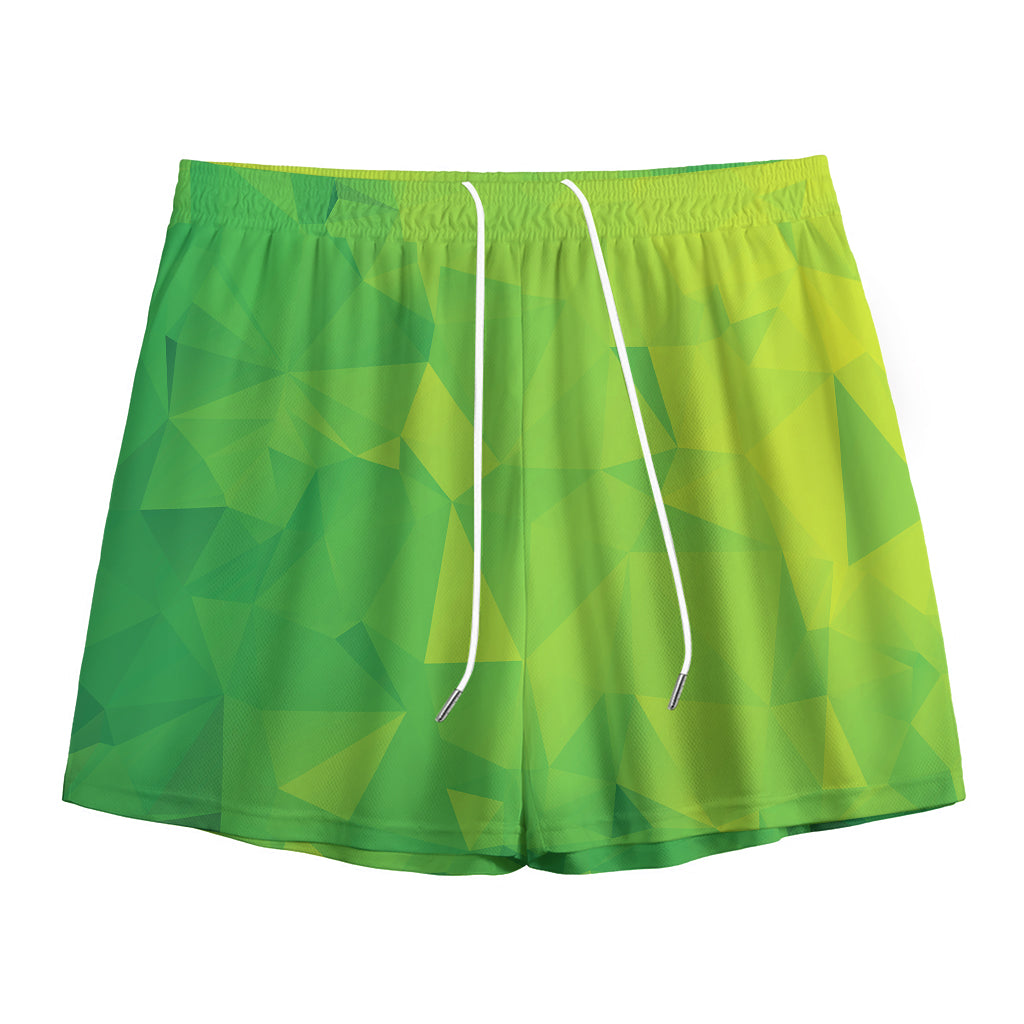Lime Green Polygonal Geometric Print Mesh Shorts