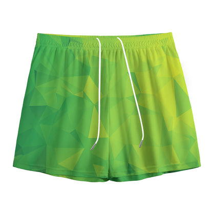 Lime Green Polygonal Geometric Print Mesh Shorts