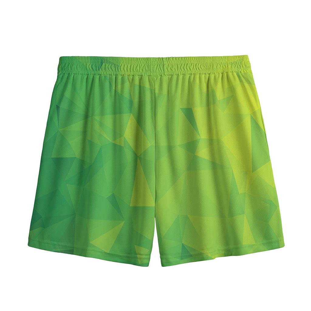Lime Green Polygonal Geometric Print Mesh Shorts
