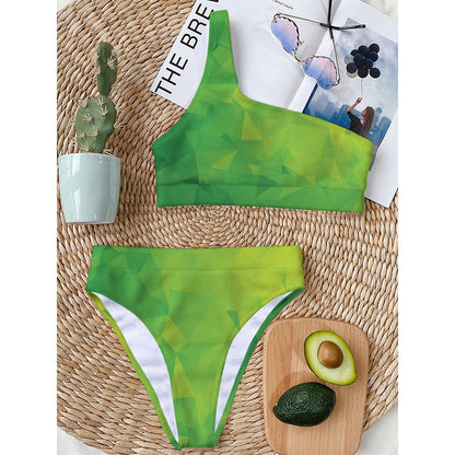 Lime Green Polygonal Geometric Print One Shoulder Bikini Top