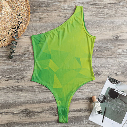 Lime Green Polygonal Geometric Print One Shoulder Bodysuit