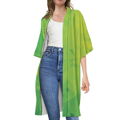 Lime Green Polygonal Geometric Print Open Front Beach Cover Up