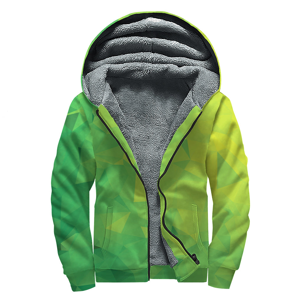Lime Green Polygonal Geometric Print Sherpa Lined Zip Up Hoodie