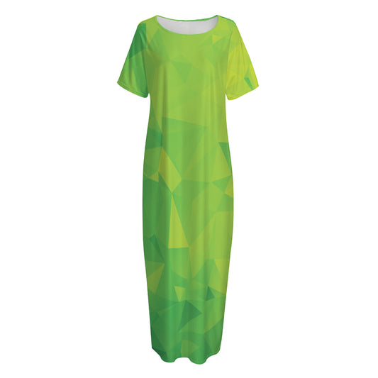 Lime Green Polygonal Geometric Print Short Sleeve Long Nightdress