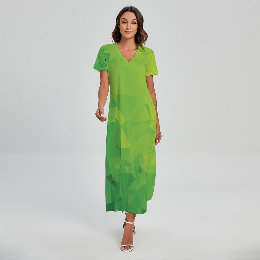 Lime Green Polygonal Geometric Print Short Sleeve Maxi Dress