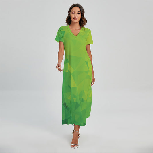 Lime Green Polygonal Geometric Print Short Sleeve Maxi Dress