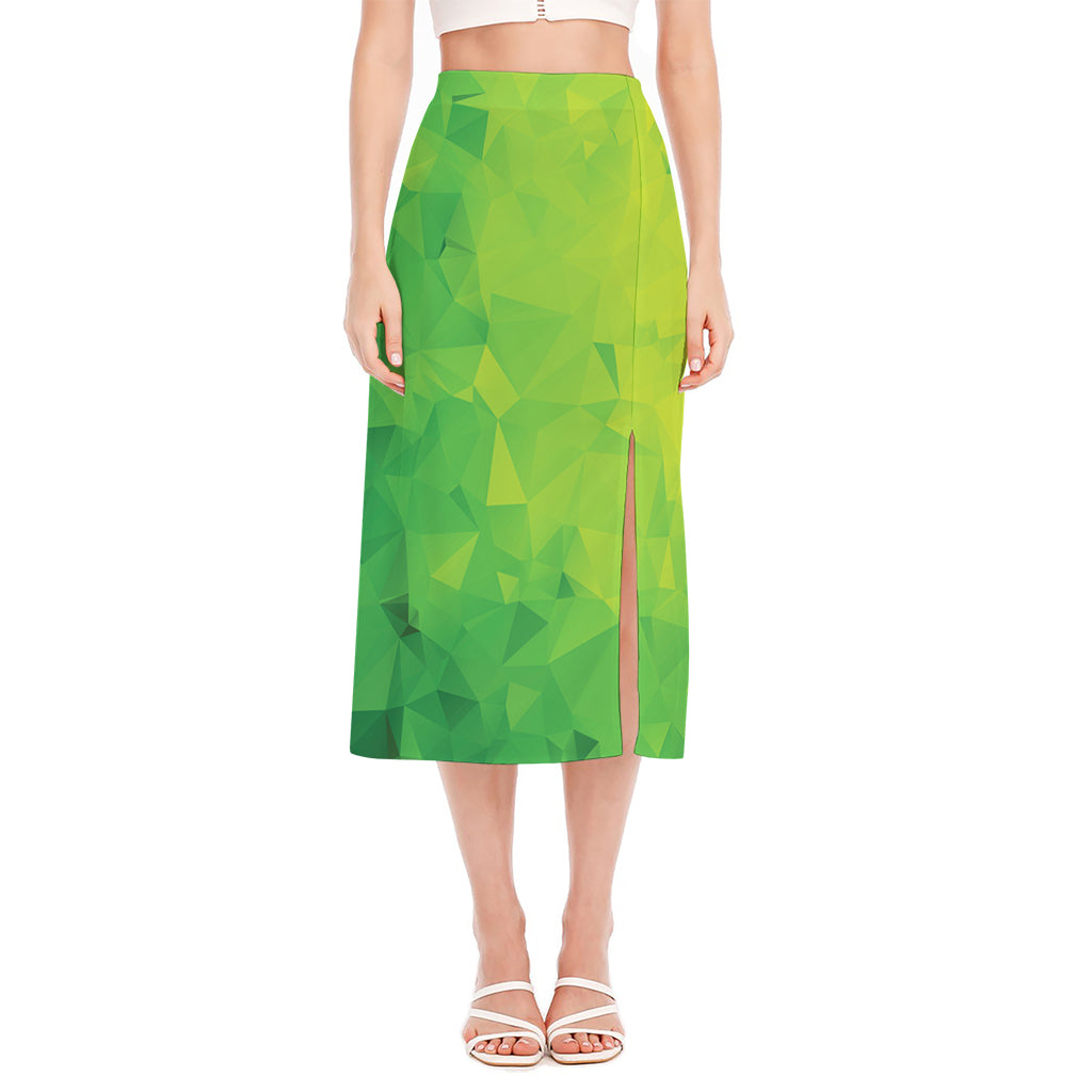 Lime Green Polygonal Geometric Print Side Slit Midi Skirt