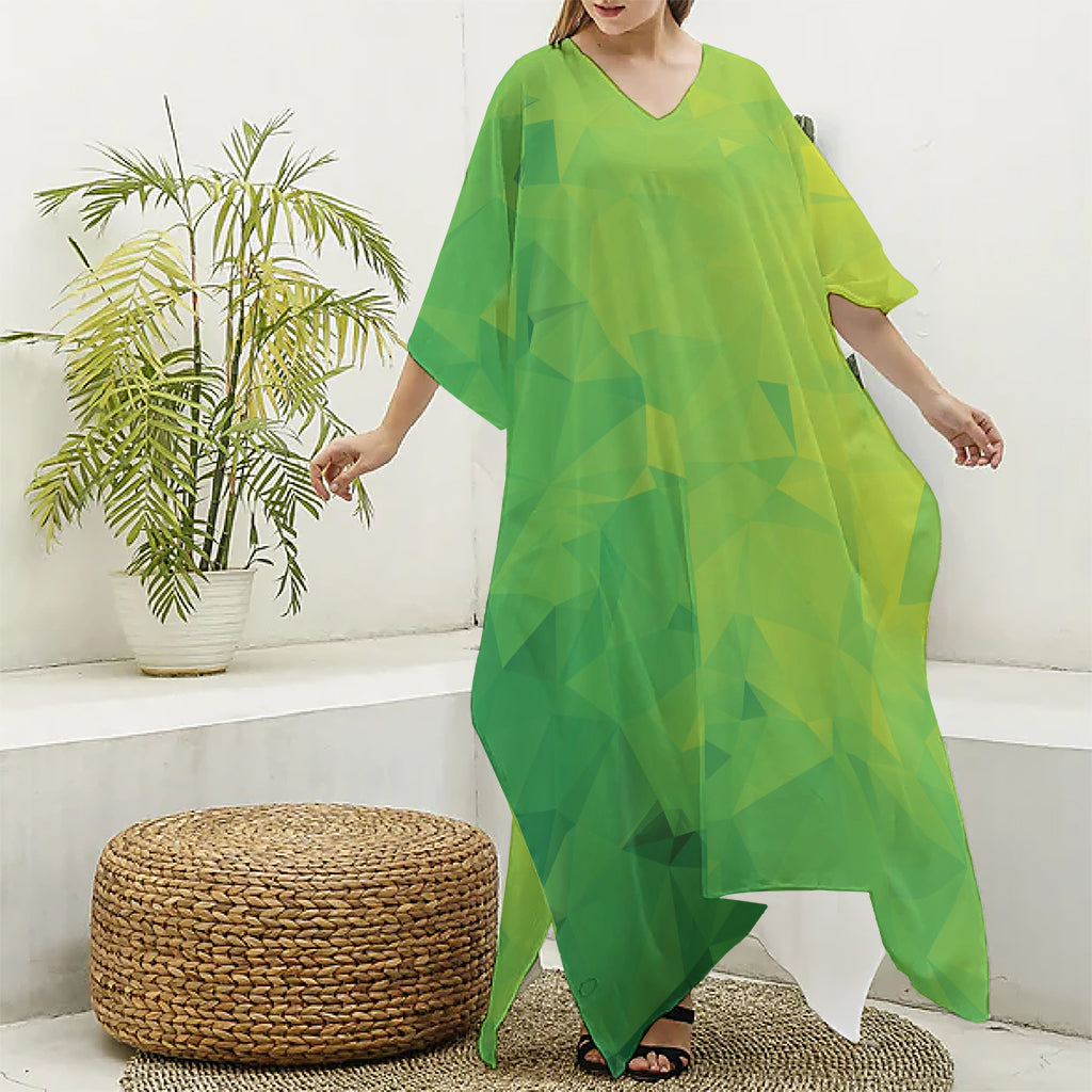Lime Green Polygonal Geometric Print Silk V-Neck Kaftan Dress