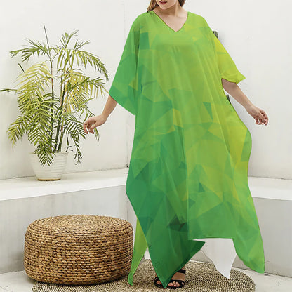 Lime Green Polygonal Geometric Print Silk V-Neck Kaftan Dress