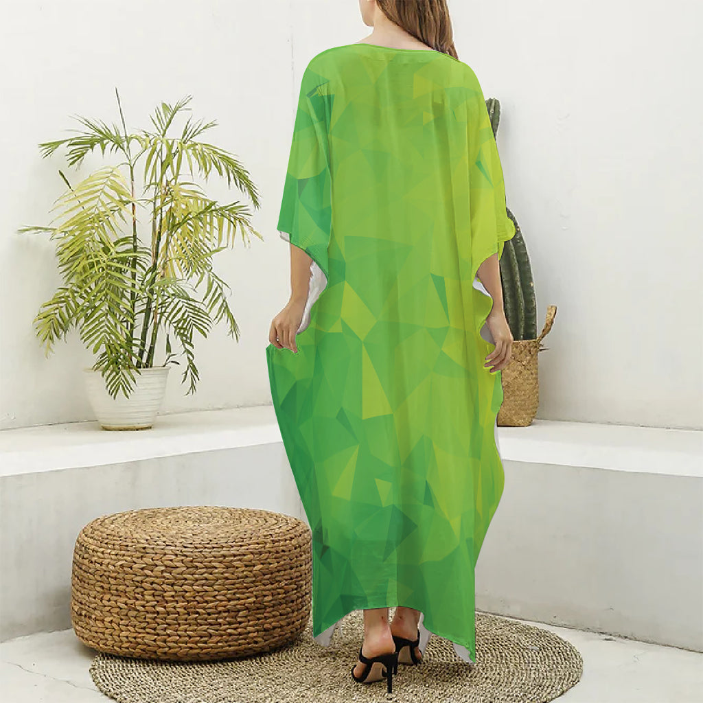 Lime Green Polygonal Geometric Print Silk V-Neck Kaftan Dress