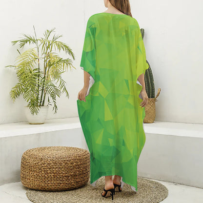 Lime Green Polygonal Geometric Print Silk V-Neck Kaftan Dress