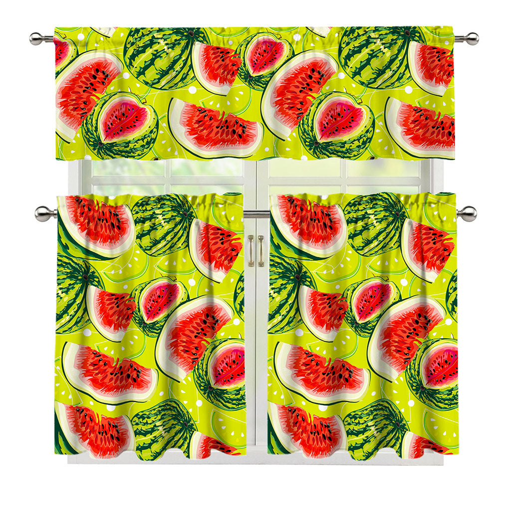Lime Green Watermelon Pattern Print 3 Piece Kitchen Curtains