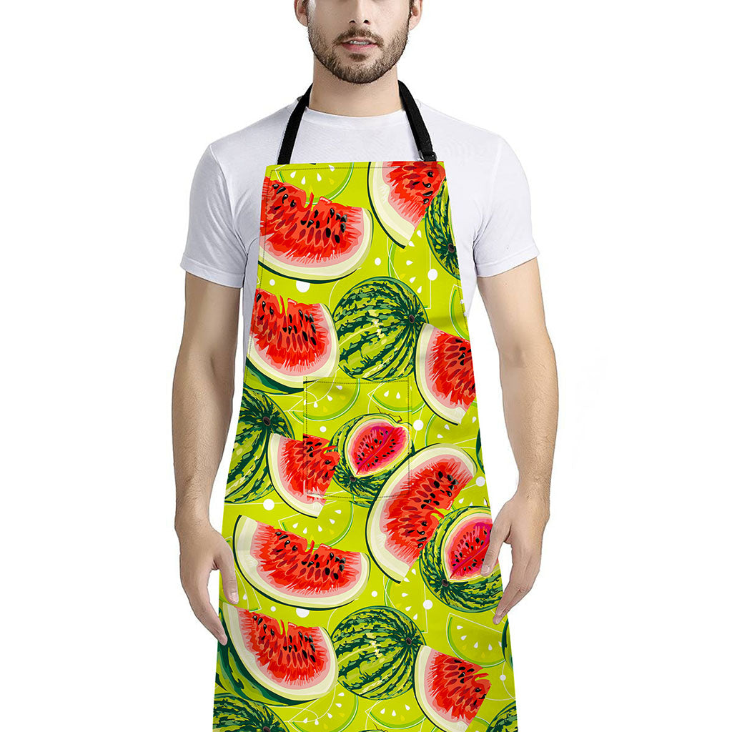Lime Green Watermelon Pattern Print Bib Apron With Pocket