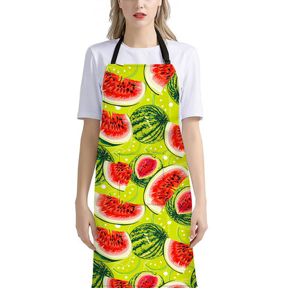 Lime Green Watermelon Pattern Print Bib Apron With Pocket