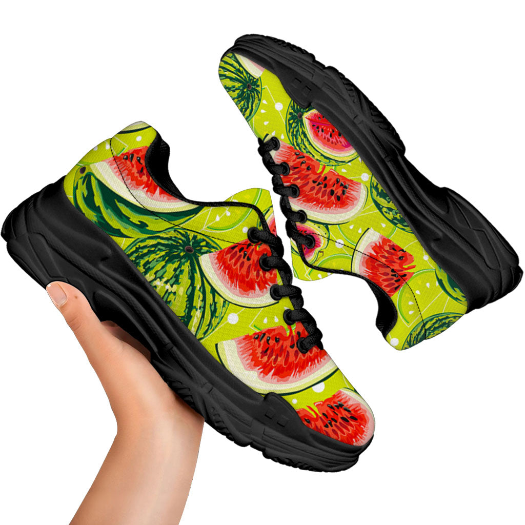 Lime Green Watermelon Pattern Print Black Chunky Shoes