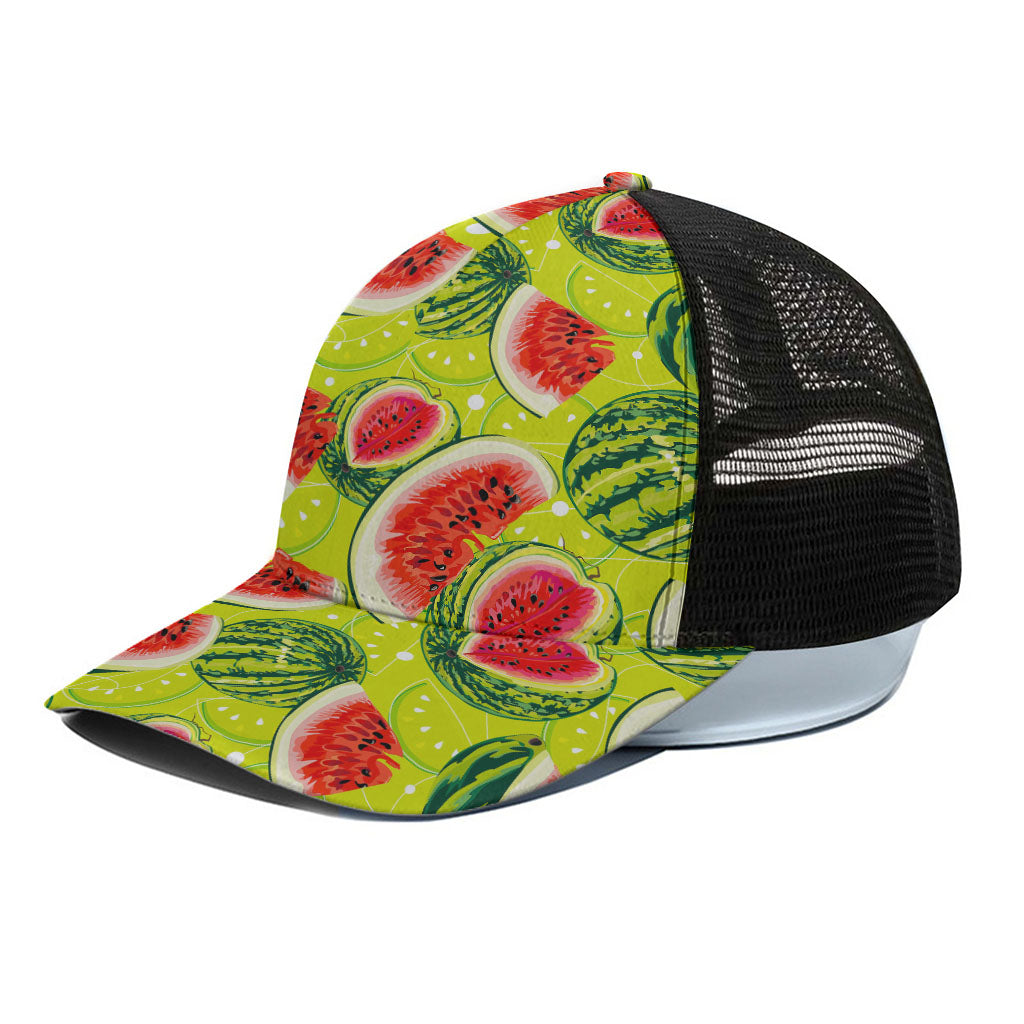 Lime Green Watermelon Pattern Print Black Mesh Trucker Cap