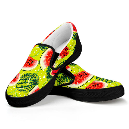 Lime Green Watermelon Pattern Print Black Slip On Sneakers