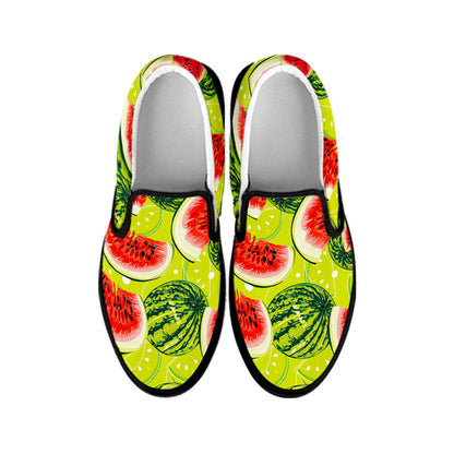 Lime Green Watermelon Pattern Print Black Slip On Sneakers