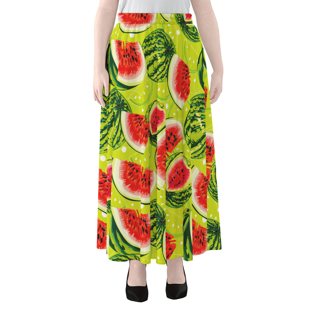 Lime Green Watermelon Pattern Print Chiffon Maxi Skirt