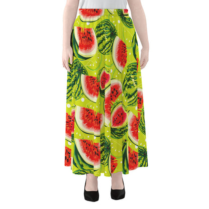 Lime Green Watermelon Pattern Print Chiffon Maxi Skirt