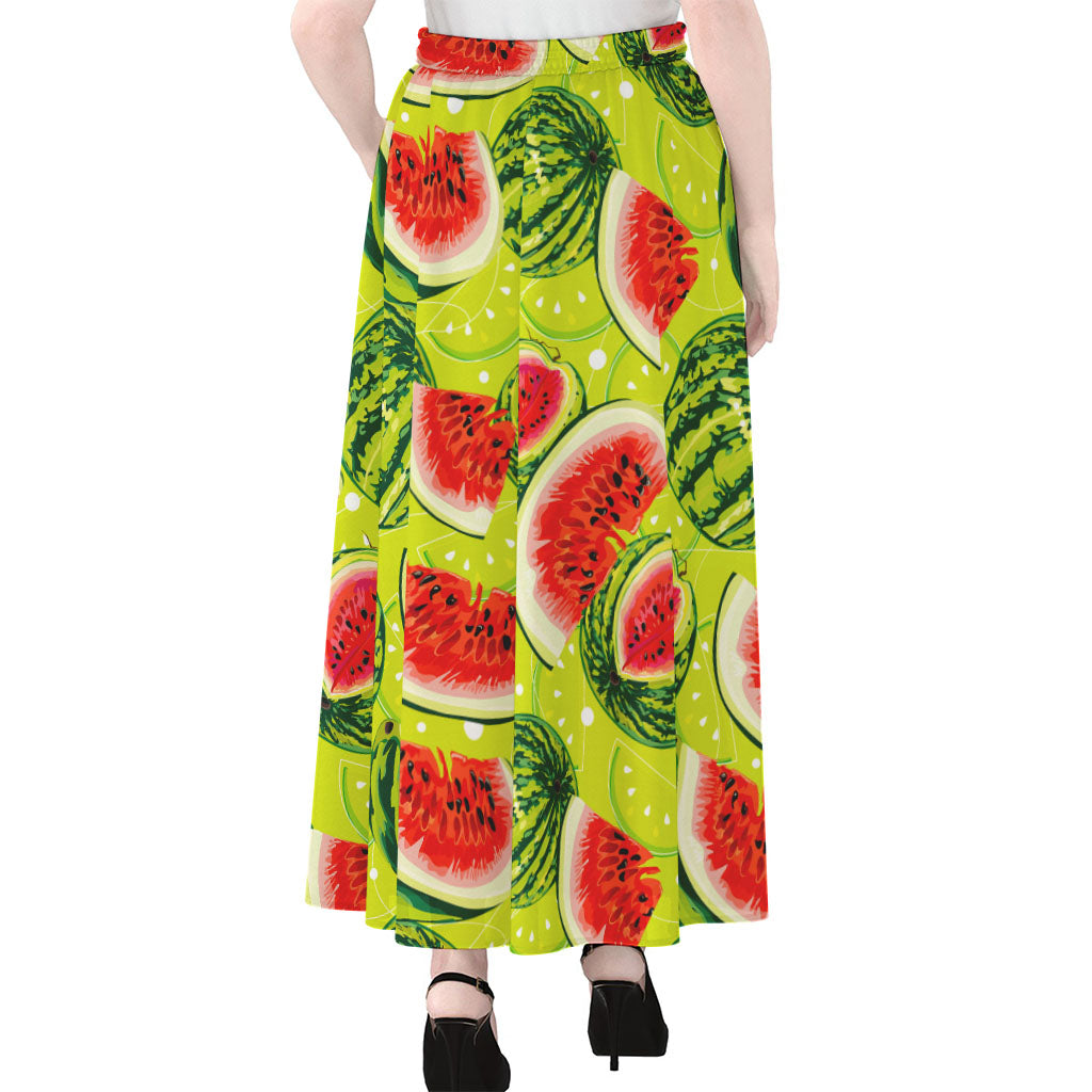 Lime Green Watermelon Pattern Print Chiffon Maxi Skirt