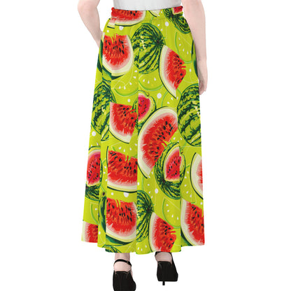 Lime Green Watermelon Pattern Print Chiffon Maxi Skirt