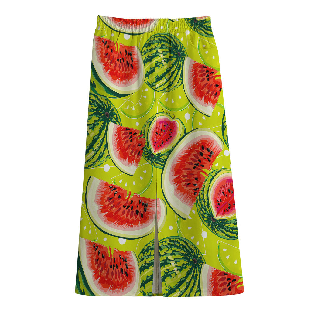 Lime Green Watermelon Pattern Print Cotton Front Slit Maxi Skirt