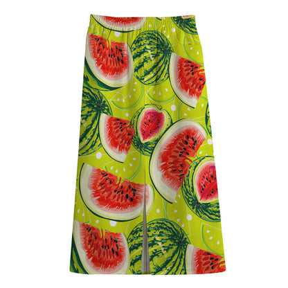 Lime Green Watermelon Pattern Print Cotton Front Slit Maxi Skirt