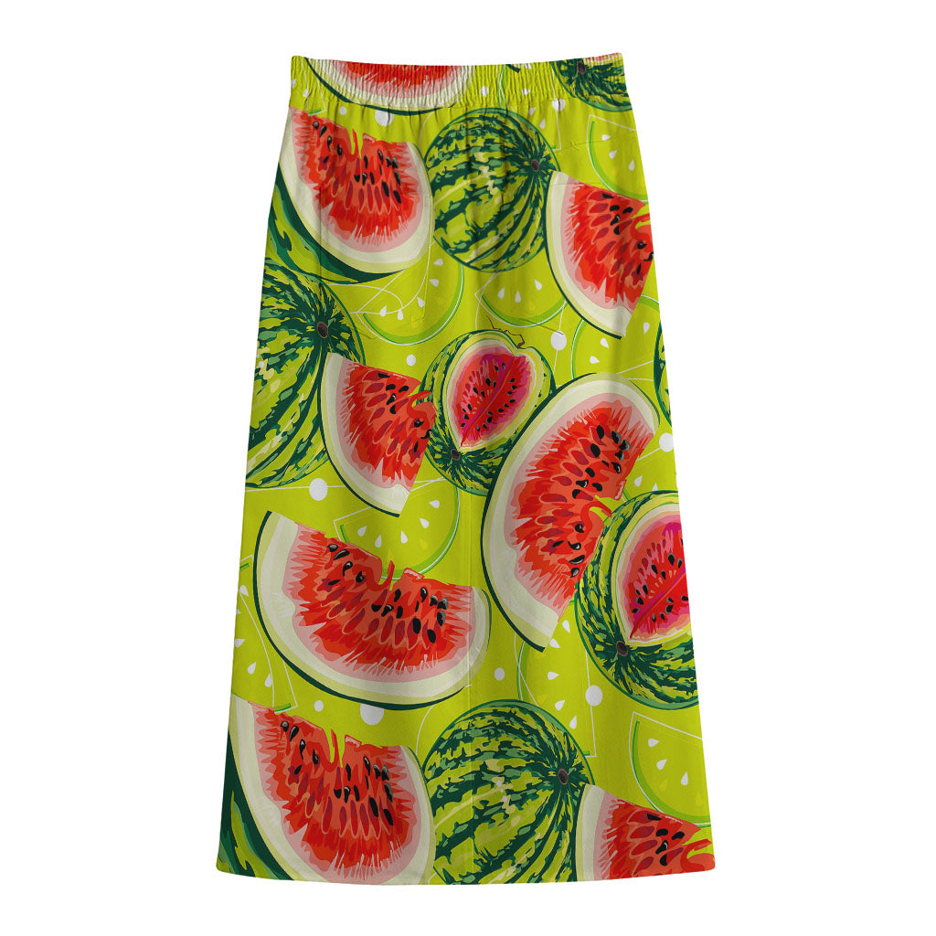 Lime Green Watermelon Pattern Print Cotton Front Slit Maxi Skirt