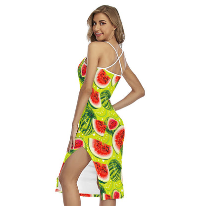 Lime Green Watermelon Pattern Print Cross Back Cami Dress