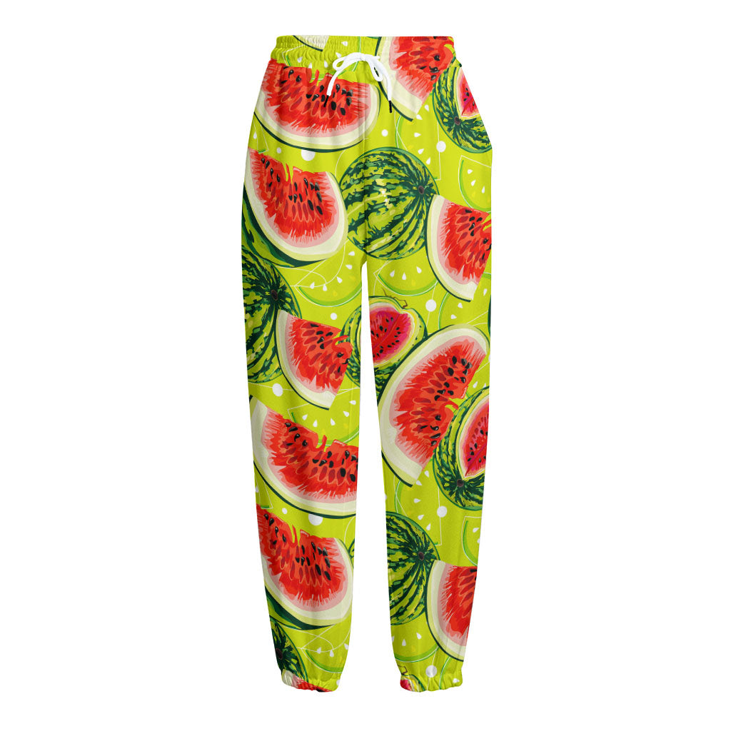 Lime Green Watermelon Pattern Print Fleece Lined Knit Pants