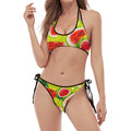 Lime Green Watermelon Pattern Print Halter Scoop Tie Side Bikini