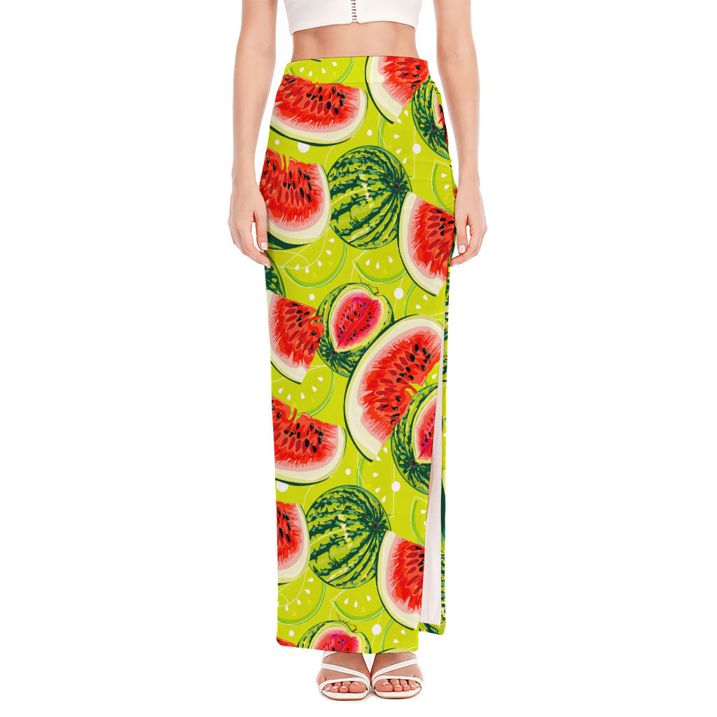 Lime Green Watermelon Pattern Print High Slit Maxi Skirt
