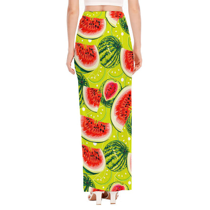 Lime Green Watermelon Pattern Print High Slit Maxi Skirt