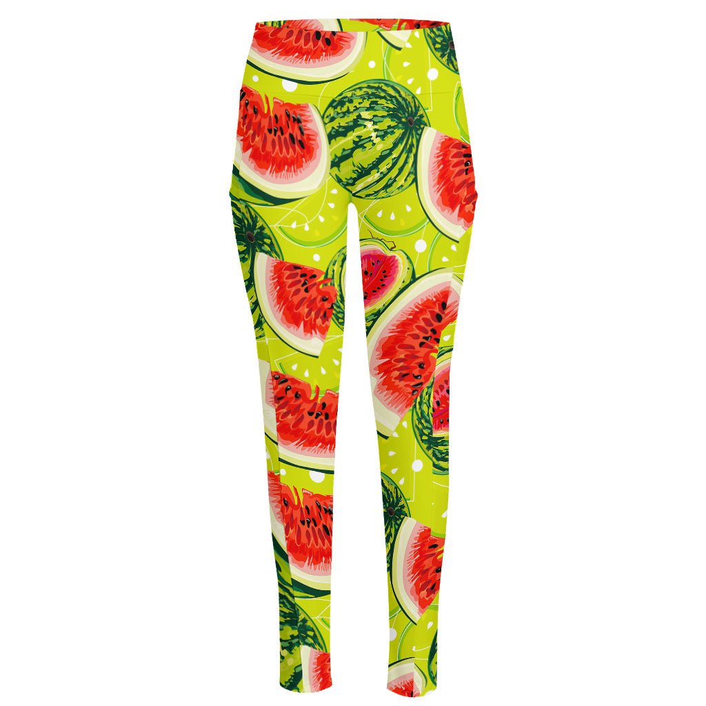 Lime Green Watermelon Pattern Print High-Waisted Pocket Leggings