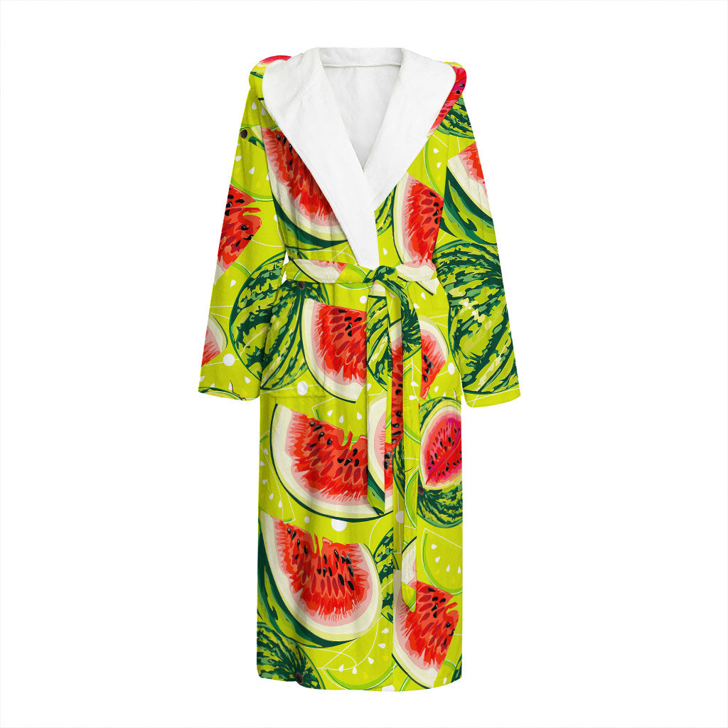 Lime Green Watermelon Pattern Print Hooded Bathrobe