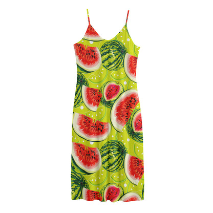 Lime Green Watermelon Pattern Print Jersey Midi Cami Dress