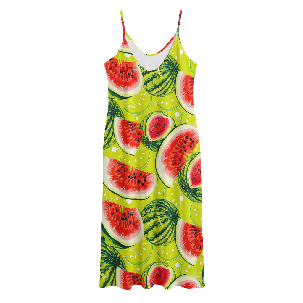 Lime Green Watermelon Pattern Print Jersey Midi Cami Dress