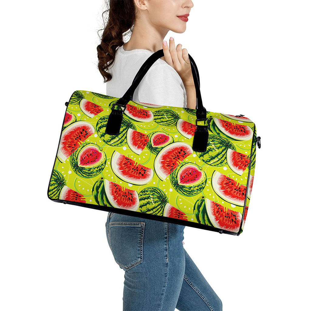 Lime Green Watermelon Pattern Print Leather Duffle Bag