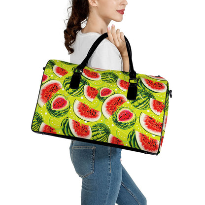 Lime Green Watermelon Pattern Print Leather Duffle Bag