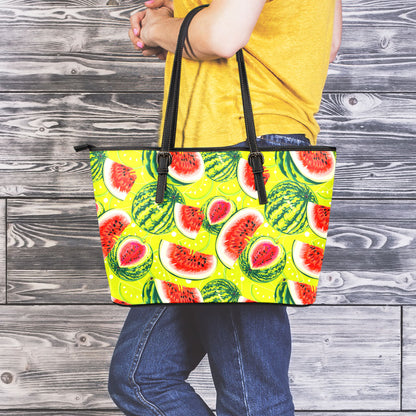 Lime Green Watermelon Pattern Print Leather Tote Bag