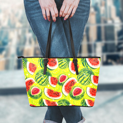 Lime Green Watermelon Pattern Print Leather Tote Bag