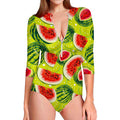Lime Green Watermelon Pattern Print Long Sleeve Swimsuit