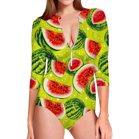 Lime Green Watermelon Pattern Print Long Sleeve Swimsuit