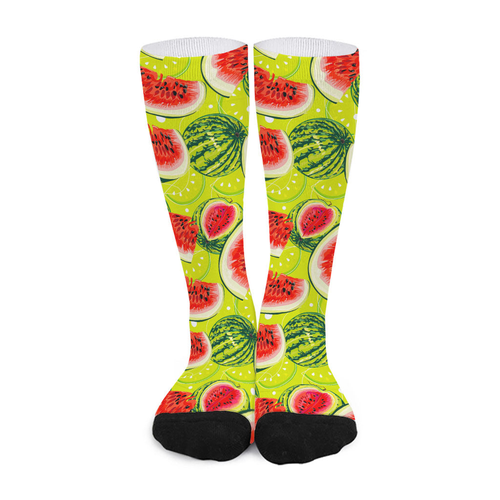 Lime Green Watermelon Pattern Print Long Socks