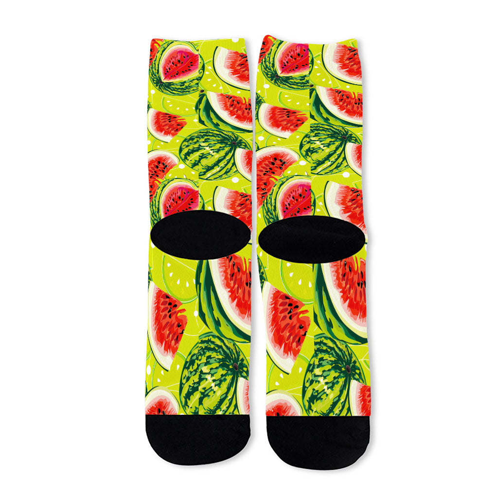 Lime Green Watermelon Pattern Print Long Socks