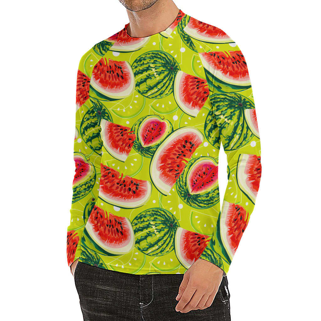Lime Green Watermelon Pattern Print Men's Long Sleeve Rash Guard
