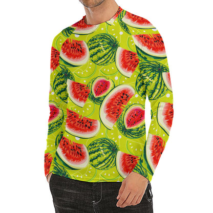 Lime Green Watermelon Pattern Print Men's Long Sleeve Rash Guard